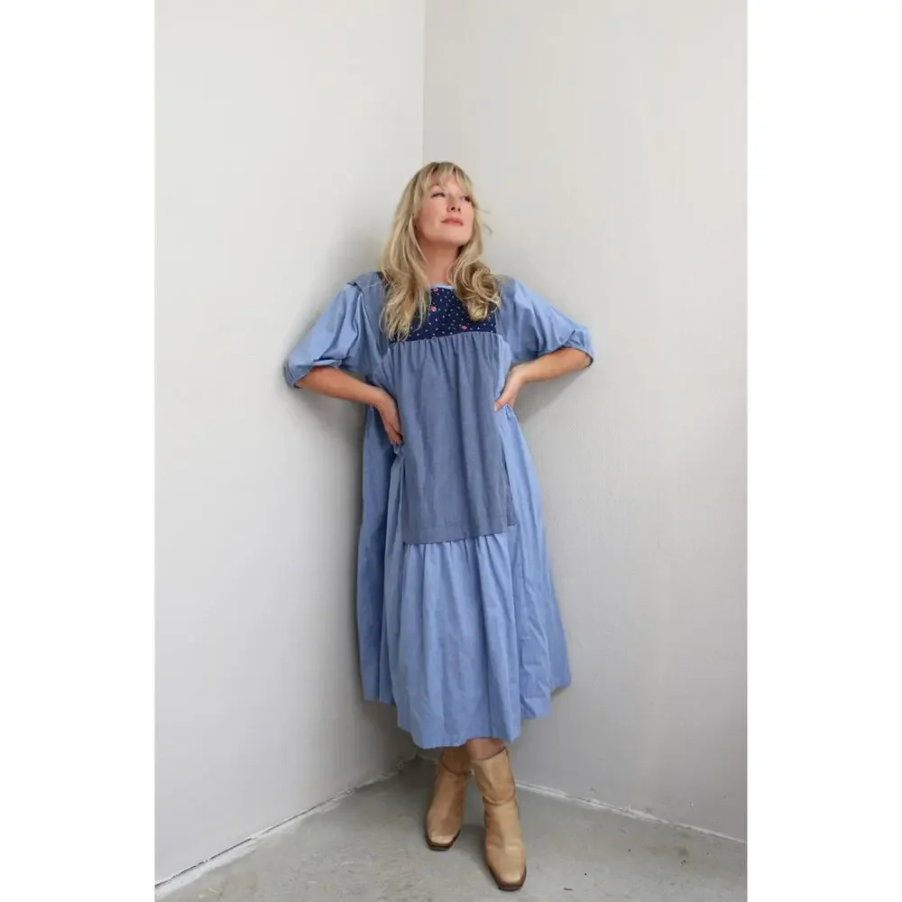 1970's Vintage Chambray Prairie Tent Dress ~Women's Ones Size Fits Most XS SM MD - Picture 8 of 10